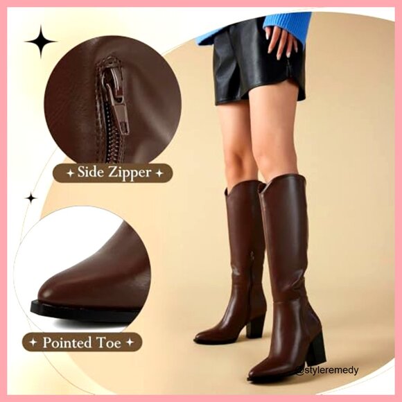 Faux Leather Knee High Boots with Pointed Toe and Chunky Heel - Picture 5 of 7